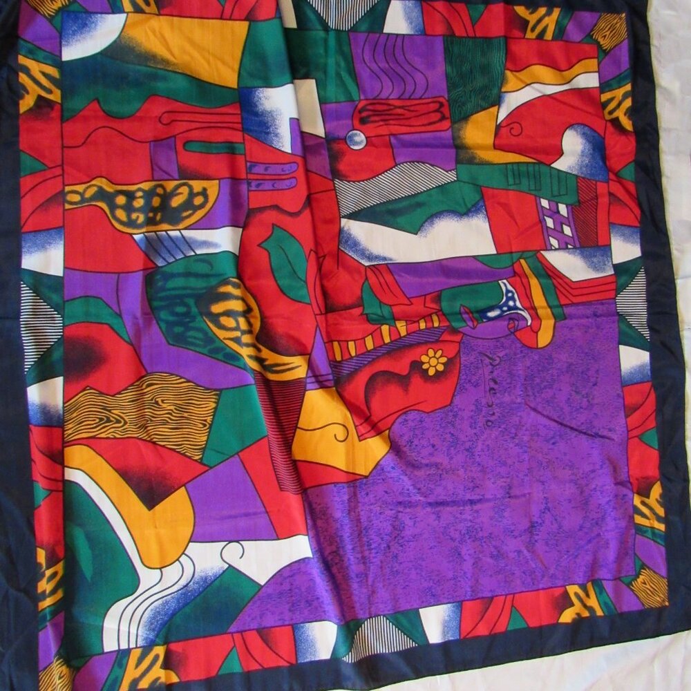 Picasso Abstract Vintage Silk Scarf 40”x40" Square Multicolor Hand Made